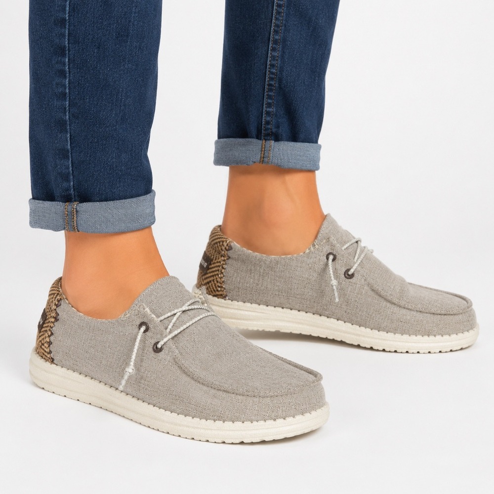 Hey Dude Wendy Chambray Woven Stone Gray Women's 9 Lightweight Slip On Loafers